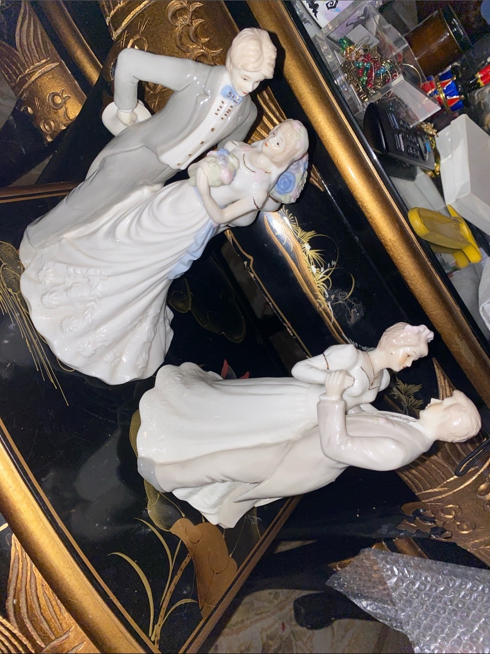 Porcelain Wedding Couple Musical Figurines - White with Pastel Accents Set Of 2